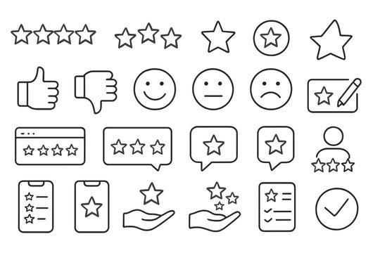 Vector illustration icons depicting various customer feedback elements featuring ratings, emotions, and review symbols for digital interaction