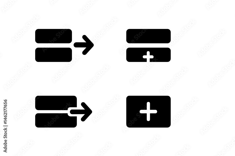 Poster icon collection featuring vector illustrations of arrows and plus signs representing movement and ad