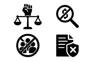 Icons representing justice, equality, anti-corruption, and protection against discrimination in a minimalist vector style