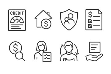 Financial management icons showcasing credit, home, insurance, loan applications, and personal finance activities in a modern vector style
