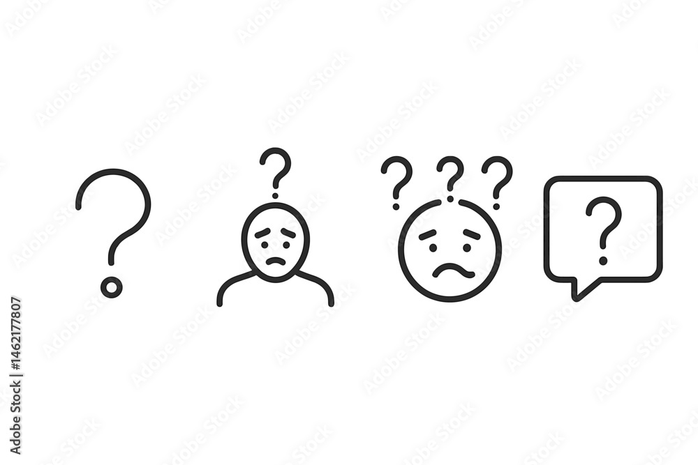 Aufkleber vector illustration depicting confusion and uncertainty with question marks and emotive characters e