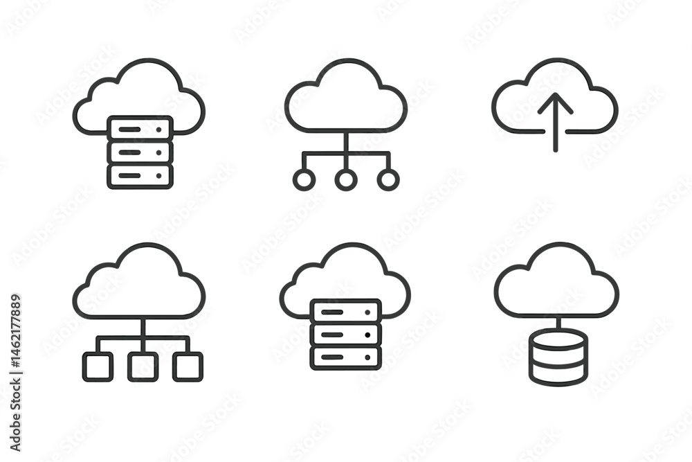 Poster cloud computing vector illustration icons representing data storage, network connections, and file u