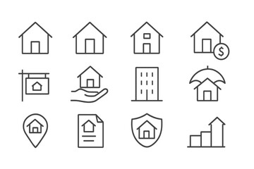 Vector illustration icons representing various aspects of real estate, home buying, and property management activities