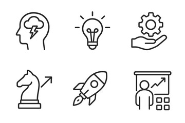 Vector illustration icon set depicting ideas, creativity, innovation, and growth in various designs and styles