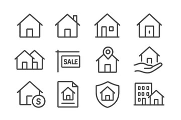 Collection of vector illustration icons related to real estate transactions and home buying activities