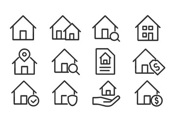 Vector illustration icons representing different aspects of home ownership and real estate activities in a modern style