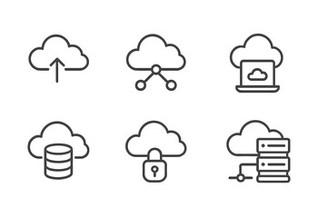 Cloud computing vector icons showcasing upload, sharing, access, security, and storage services in a modern digital environment