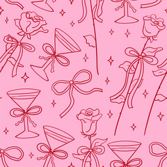 Elegant vintage seamless pattern with hand drawn romantic elements. Roses branches with bows and cocktail glasses. Vector outline background