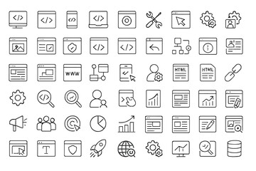 Various vector illustration icons representing web development, technology, and data analysis in a modern digital design layout