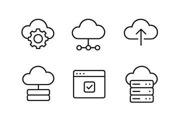 Cloud computing vector illustration icons representing configuration, connectivity, data upload, management, and storage solutions
