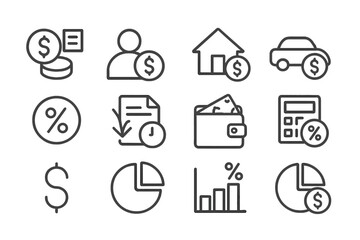 Financial management icons collection in vector style representing various aspects of personal finance