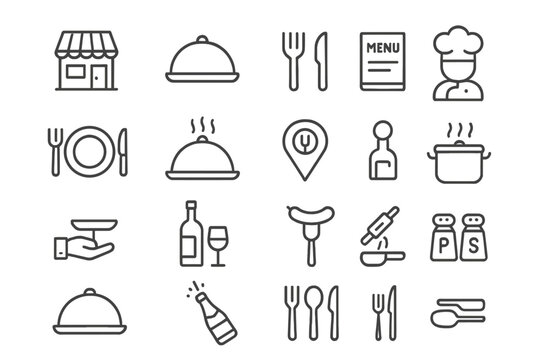 Vector illustration of dining elements including restaurant, menu, chef, and various food items in a simple design style