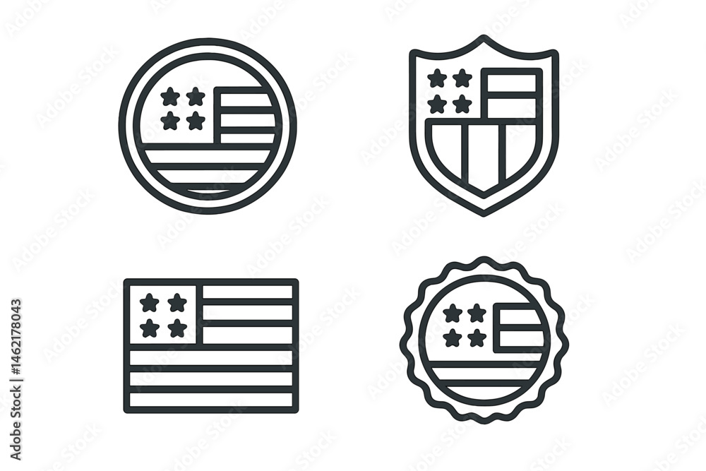 Poster vector illustration icons featuring variations of an american flag design with different shapes and 