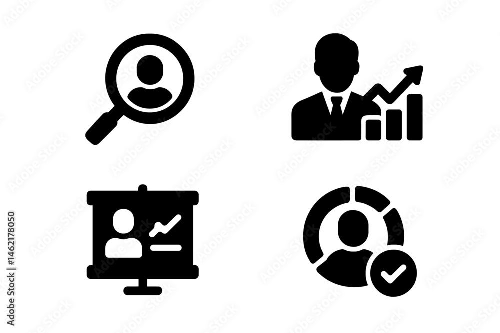Poster vector illustration icons featuring user analysis, growth metrics, presentation, and performance eva