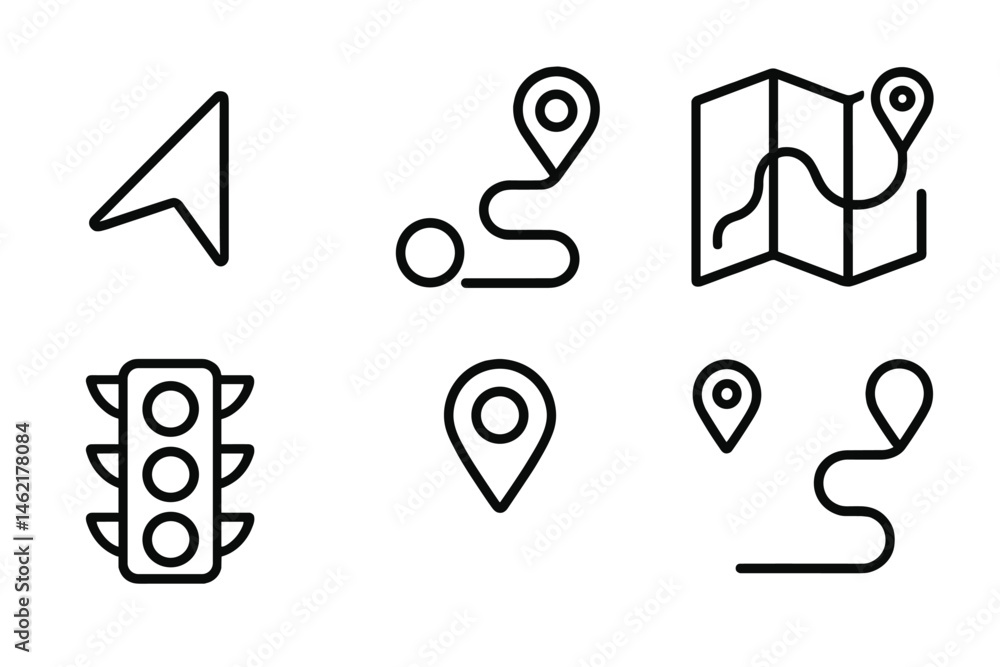 Poster vector illustration of navigation icons including a map, traffic light, and location markers for mod