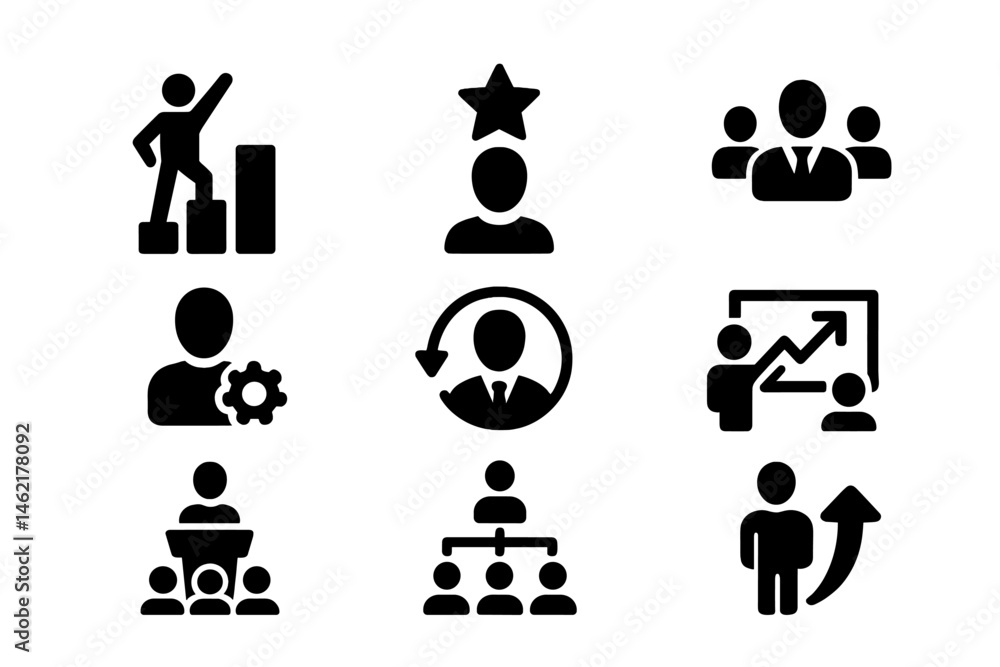 Poster collection of vector icons representing business activities and professional growth in a dynamic wor
