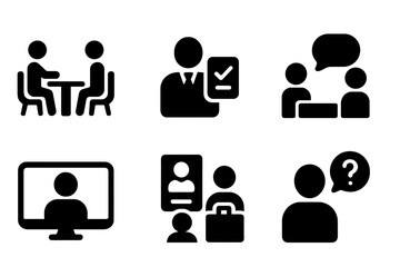 Vector illustration icons depicting various aspects of communication and interaction in professional and personal settings