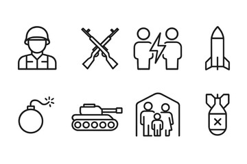 Military and peace icon vector illustrations depicting conflict, family, and weaponry in a dynamic graphic style