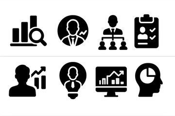 Vector illustration of business growth icons showcasing analysis, leadership, and evaluation activities in a professional setting
