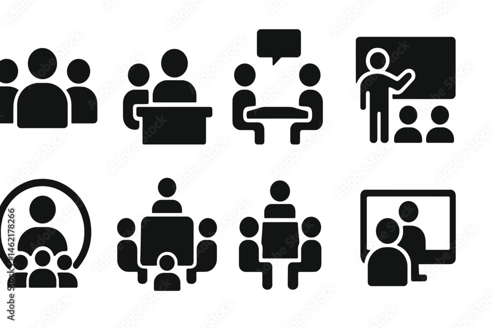 Poster various vector illustrations depicting meeting and teamwork icons in different configurations and se