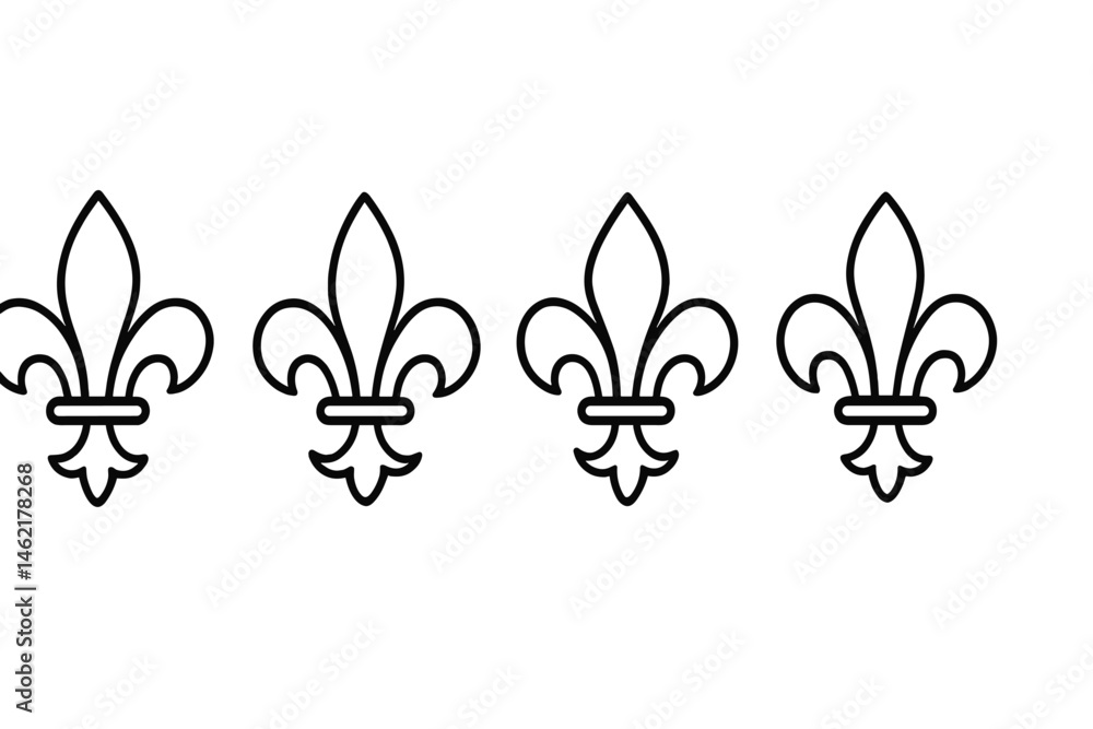 Poster stylized vector illustration of a series of decorative fleur-de-lis icons in a simple black outline 