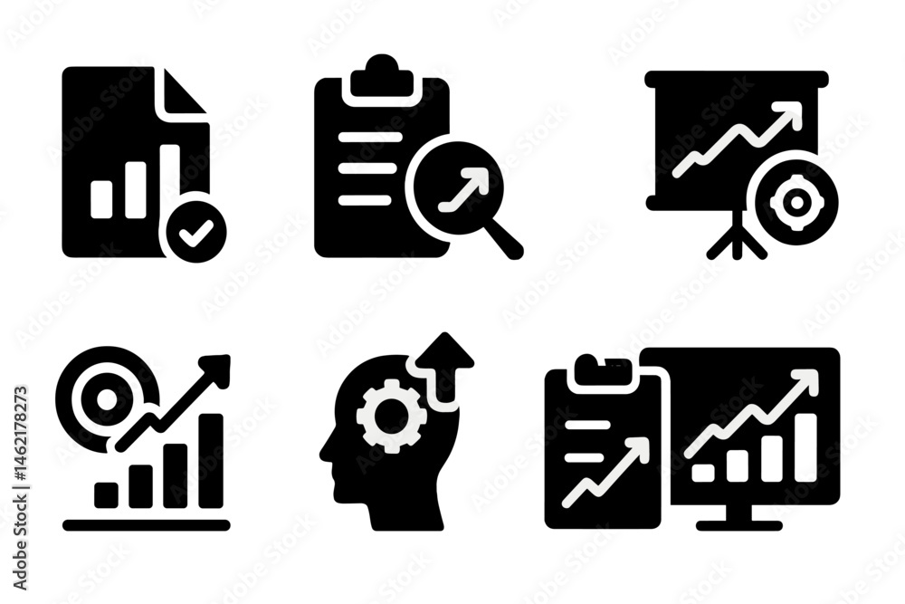 Poster vector illustration icons representing business growth metrics and performance analysis tools for ef