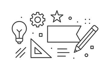 Creative design elements including a light bulb, gear, pencil, and ruler arranged in a vector illustration for inspiration and innovation