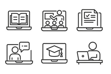 Online learning icons illustrating various educational activities with laptops in a modern digital environment