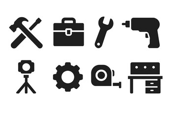 Collection of vector illustration icons representing various tools and equipment used in construction and repair activities