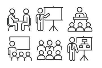Engaging vector illustrations depicting various professional presentation and meeting scenarios in a modern workplace setting