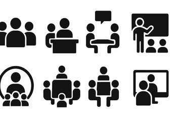 Various vector illustrations depicting meeting and teamwork icons in different configurations and settings
