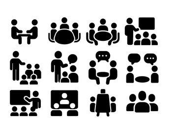 Vector illustration icons depicting various group meetings and presentations in professional settings