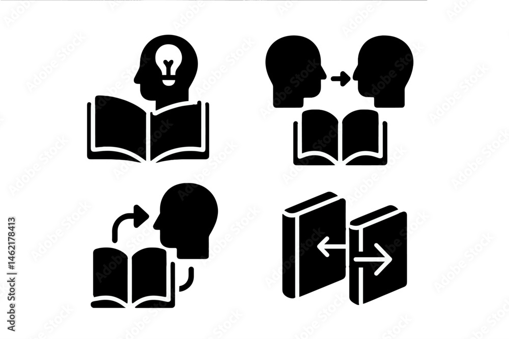 Poster educational vector illustrations showcasing knowledge exchange concepts in a modern learning environ