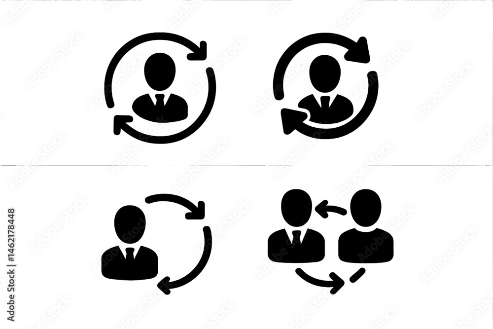 Poster vector illustrations of circular arrows and figures representing communication, interaction, and col