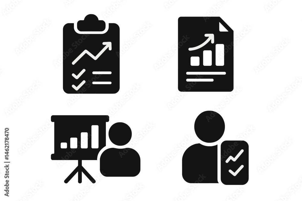 Poster vector illustration icons representing business statistics and data analysis activities in a corpora