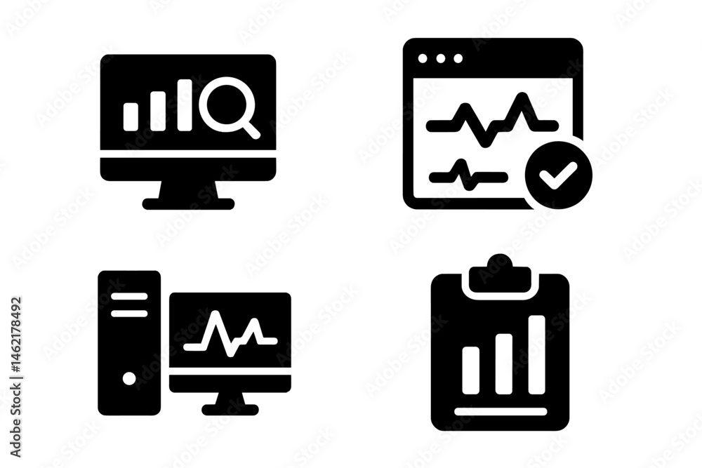 Fototapete Vector illustration of computer icons representing data analysis, monitoring, and report generation, suitable for digital platforms