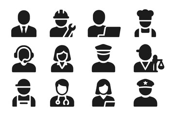Variety of professional icon illustrations showcasing diverse occupations in black and white design