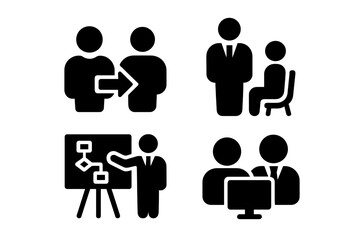 Vector illustration icons depicting business interactions and teamwork in a corporate setting with various activities