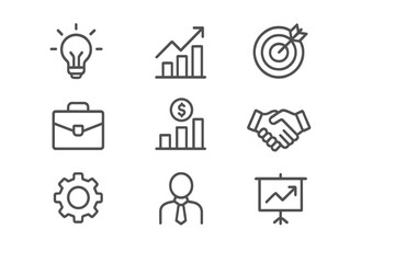 Vector illustration icons representing business concepts like innovation, growth, finance, and collaboration on a clean background
