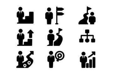 Vector illustration icons depicting various business activities and progress symbols in a professional setting