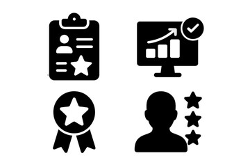 This vector icon set includes symbols representing user profiles, performance charts, awards, and recognition