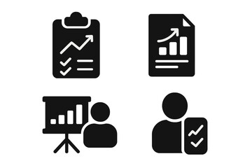 Vector illustration icons representing business statistics and data analysis activities in a corporate setting