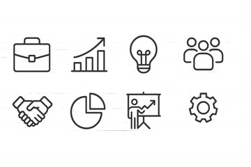 Vector illustration icons representing business growth, teamwork, and analytics concepts in a professional setting
