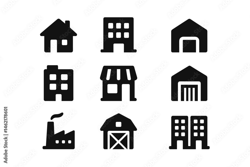 Poster collection of vector illustration icons representing various building types in a simple design