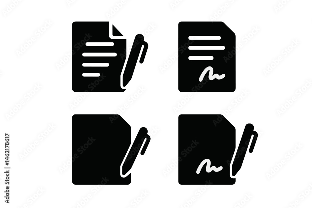 Poster vector illustration icons showcasing document signing and pen usage in different formats and designs