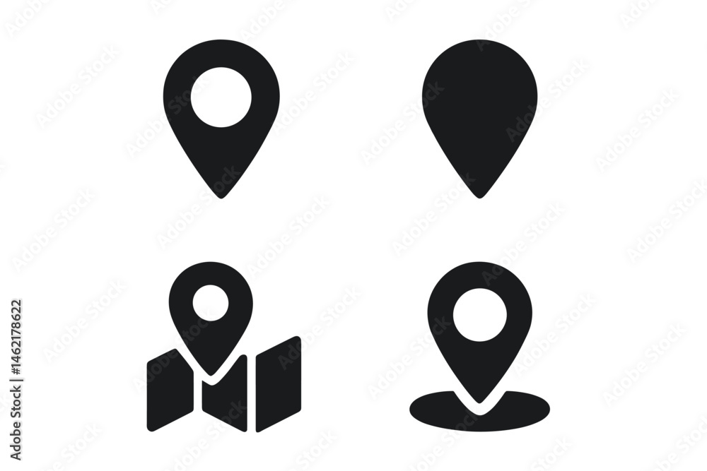 Poster vector illustration icons of location markers and map symbols representing navigation and geography