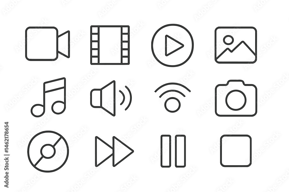 Poster vector illustration icons representing media formats and playback options for digital content creati