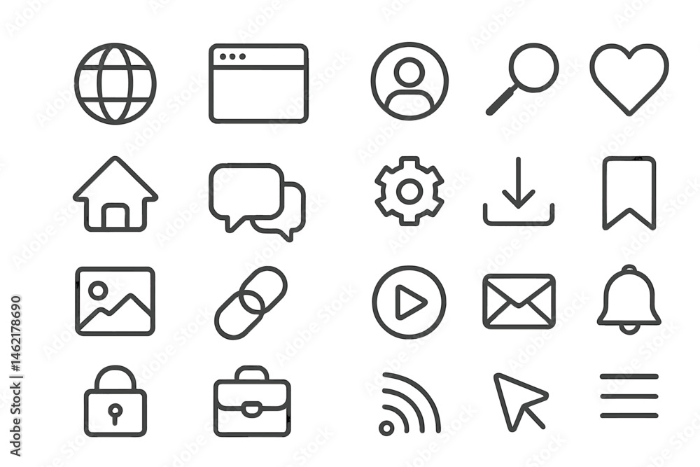 Aufkleber icon collection featuring various vector illustrations for digital activities and technology applica