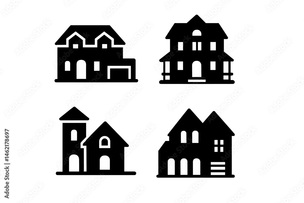 Poster collection of vector illustrations showcasing different house designs in a minimalist style suitable
