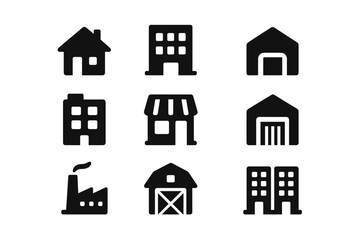 Collection of vector illustration icons representing various building types in a simple design